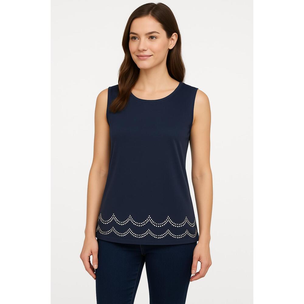 Elle Navy Blue Decorative Hem Pattern Round Neck‎ Sleeveless Top Womens Small
